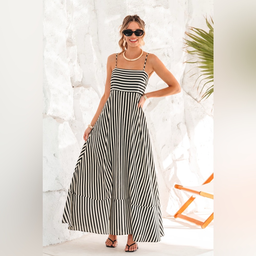 Elegant Black and White Striped Maxi Dress